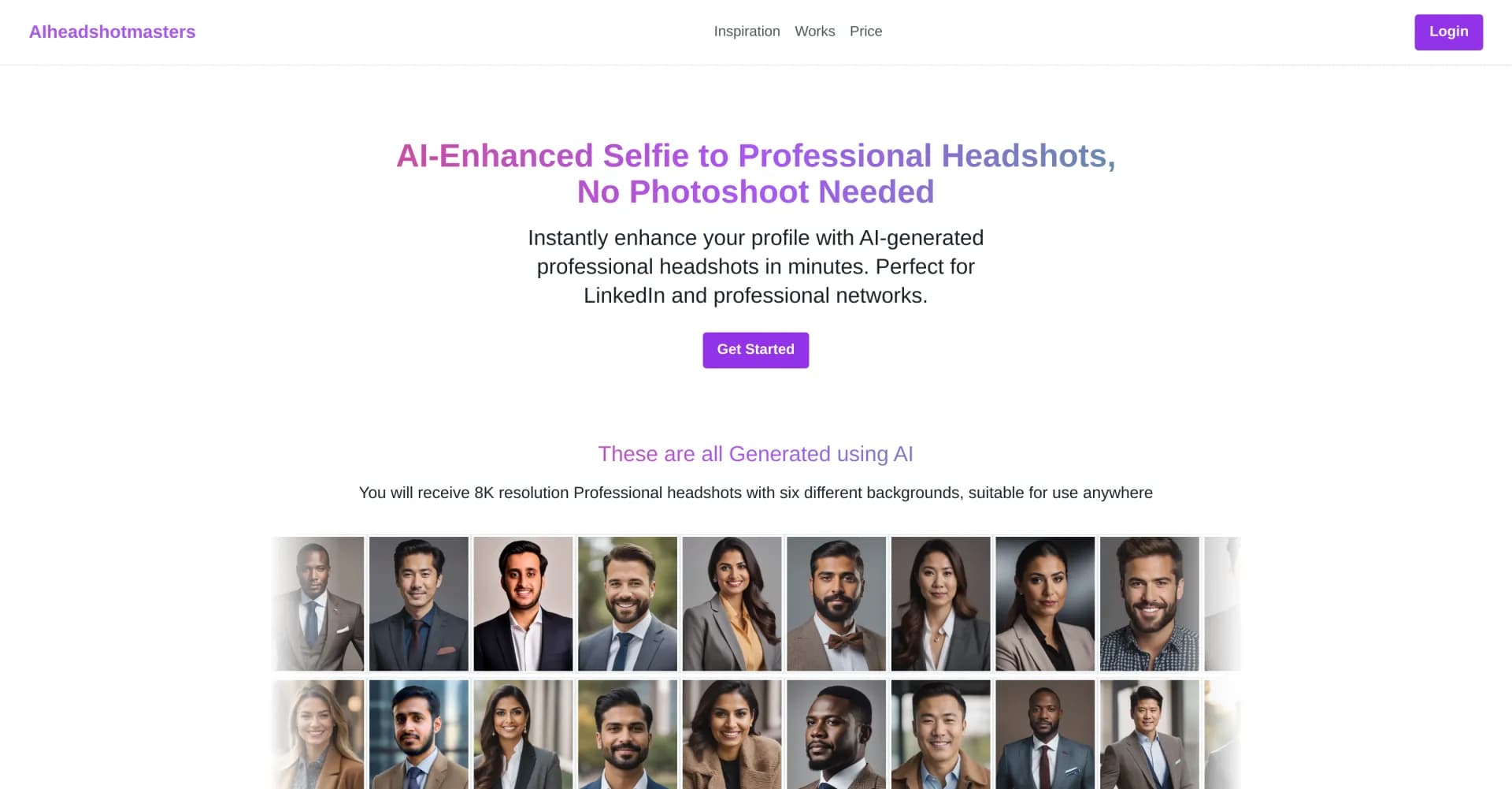 AIHeadshotMasters homepage screenshot — AI-generated professional headshots in minutes