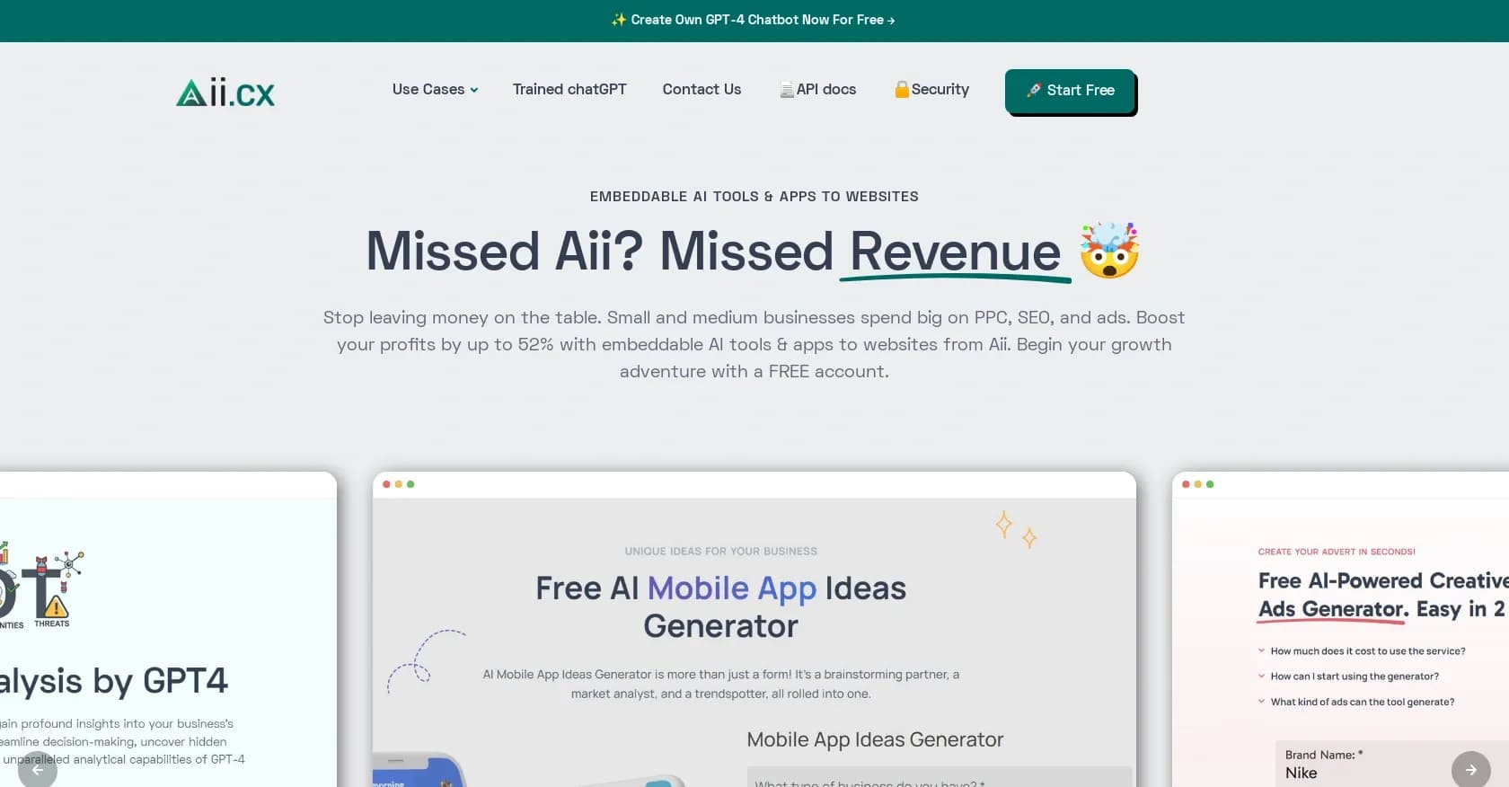 Aii homepage screenshot — Embed AI tools on websites in minutes.