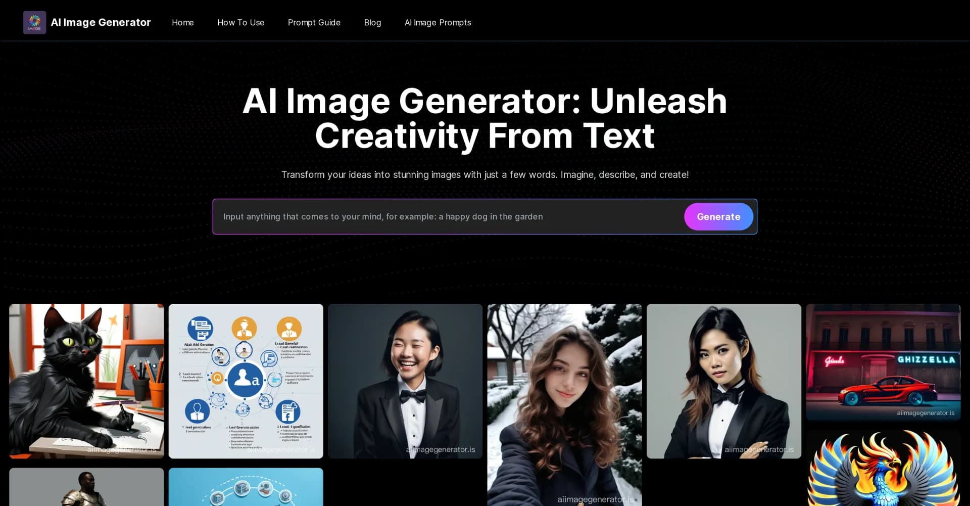 AIImageGenerator homepage screenshot — Transform text into stunning visuals instantly.