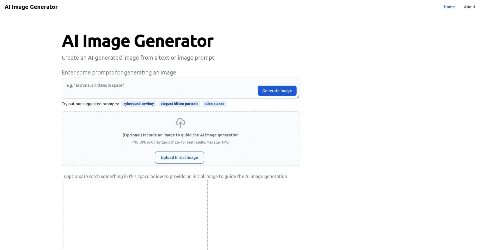 AIImageGenerator homepage screenshot — Create AI art from text and image prompts.