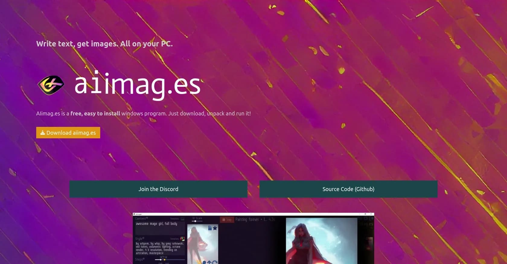 AIimages homepage screenshot — Free AI image generator: Write text, get images on your PC.