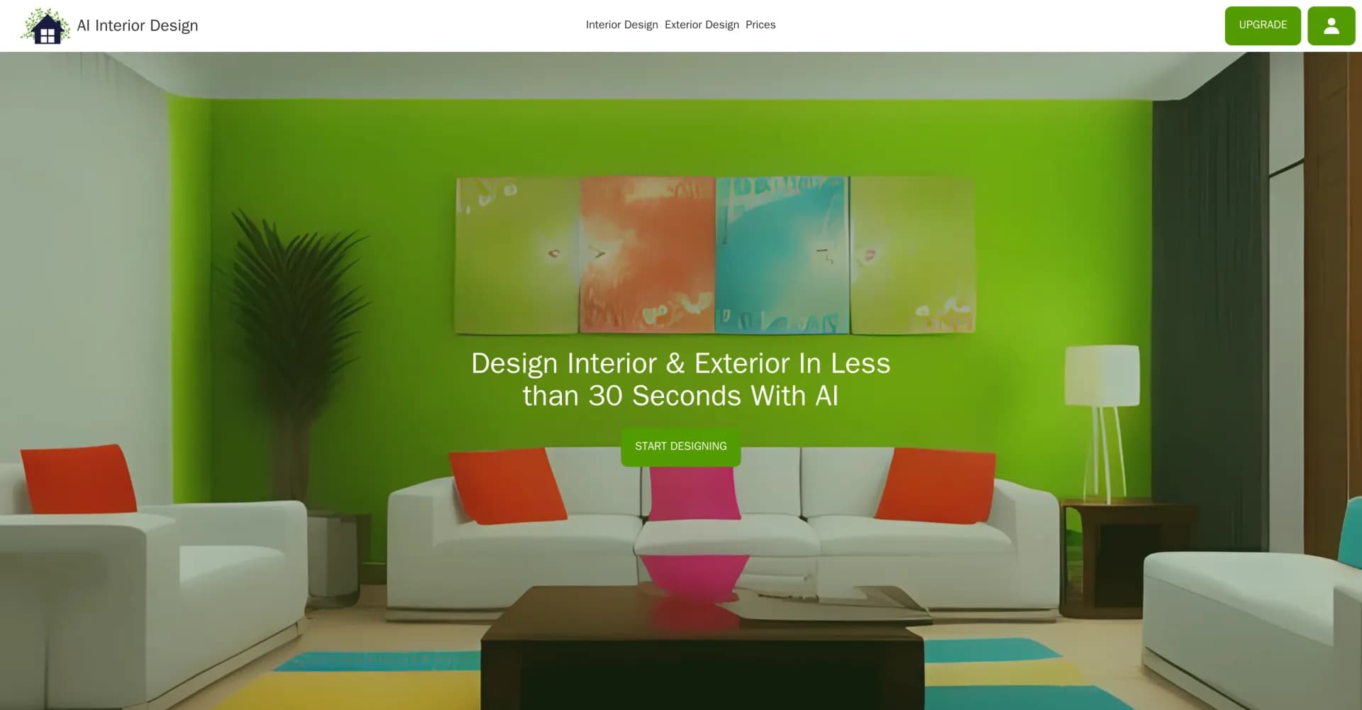 AIInteriorDesign homepage screenshot — Design interiors and exteriors in seconds with AI