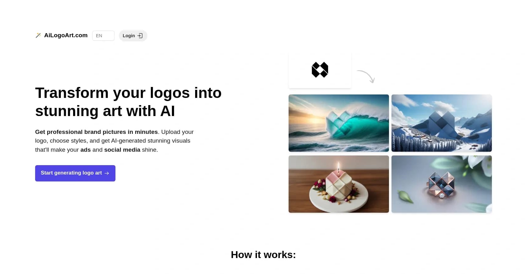 AILogoArt homepage screenshot — Transform logos into stunning AI-generated art