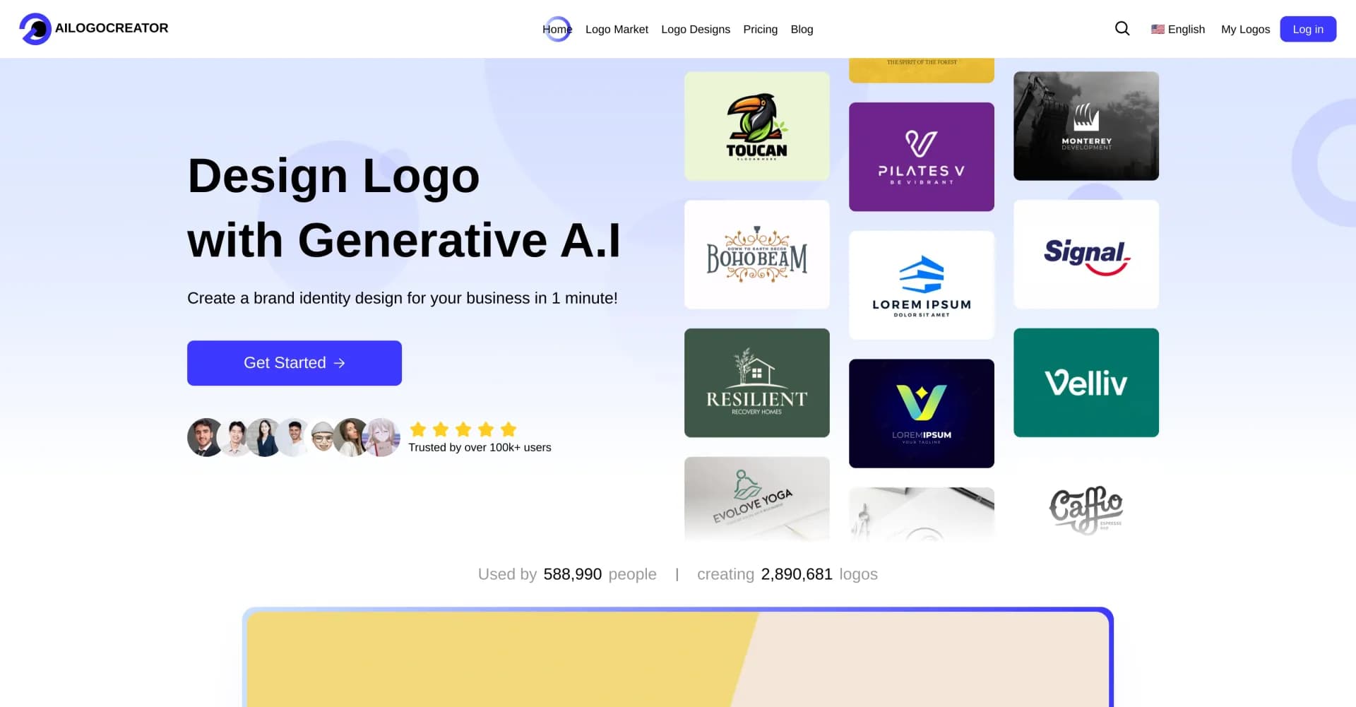 AILogoCreator homepage screenshot — Create professional logos in minutes with AI