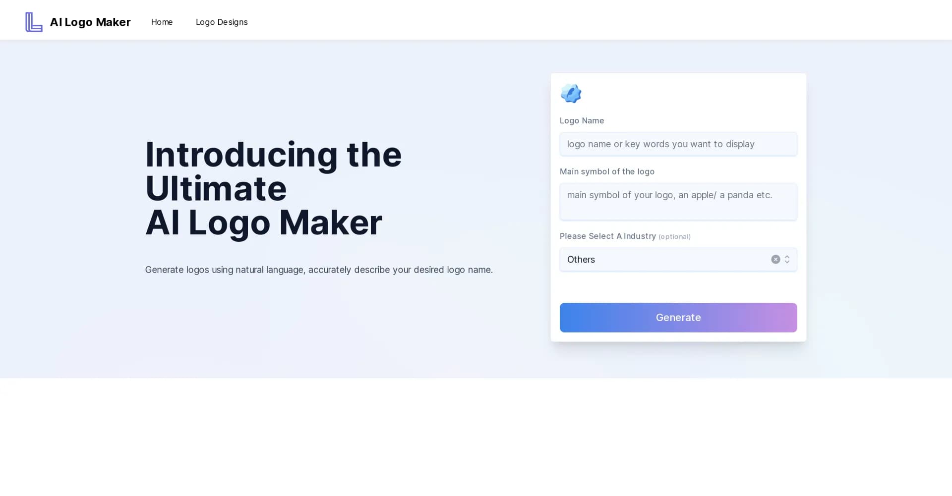 AILogoMaker homepage screenshot — Create stunning logos instantly with AI