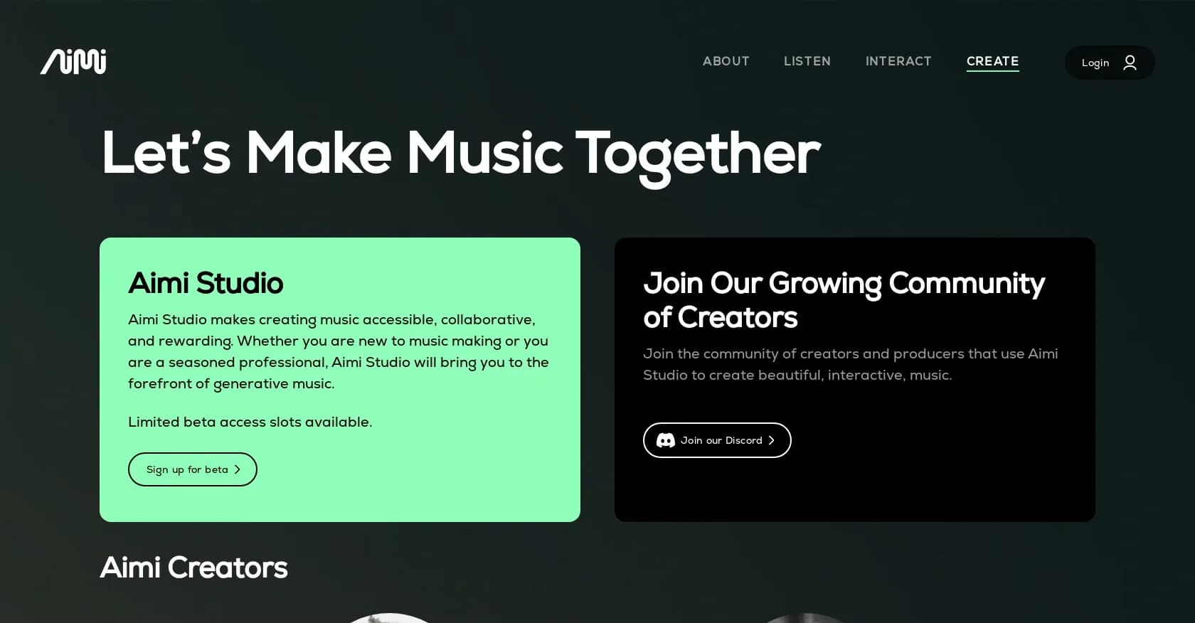 Aimi homepage screenshot — Generative music that fuses creator and algorithm.