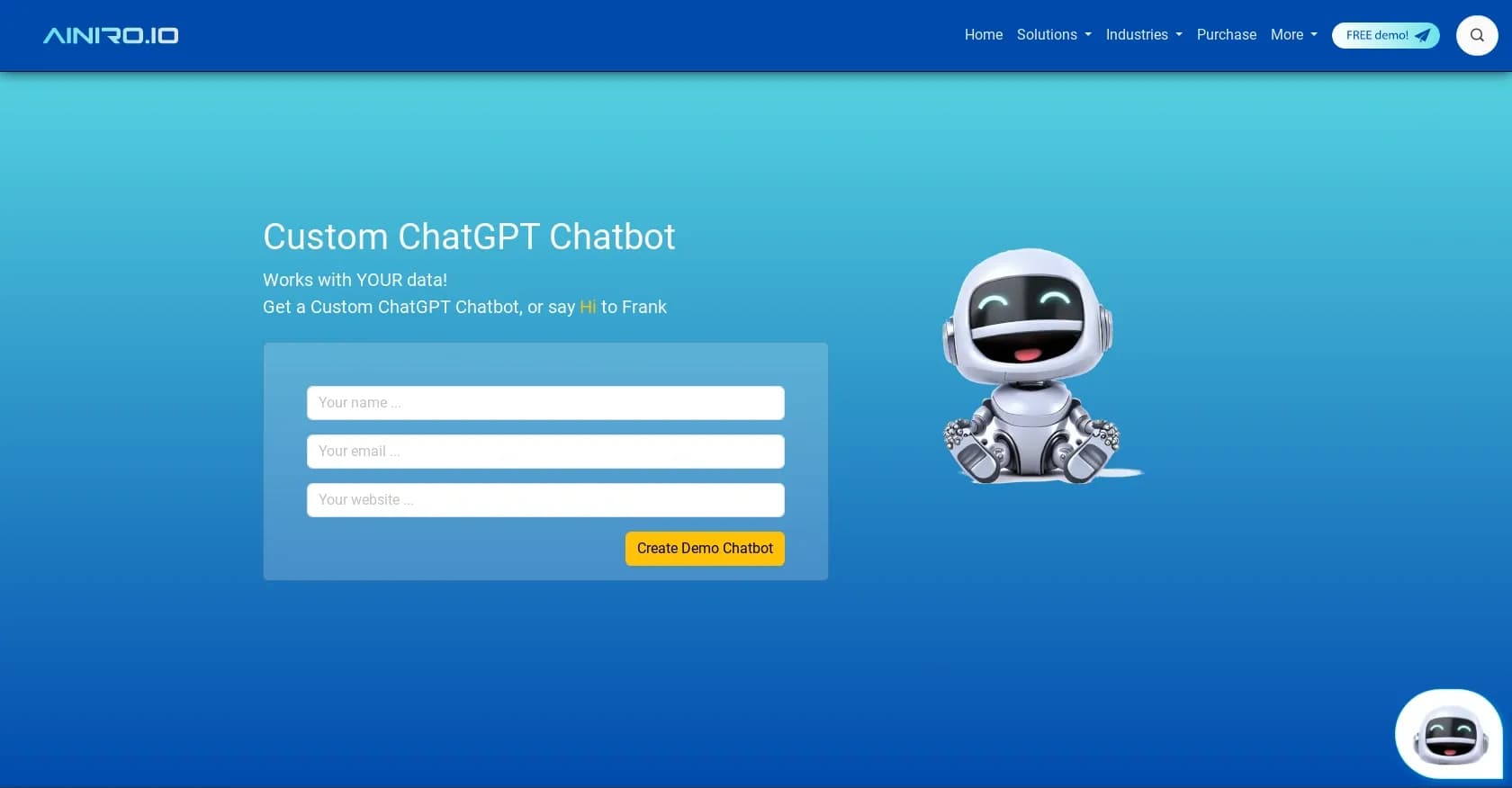 AINiro homepage screenshot — Create a custom ChatGPT chatbot in 5 minutes.