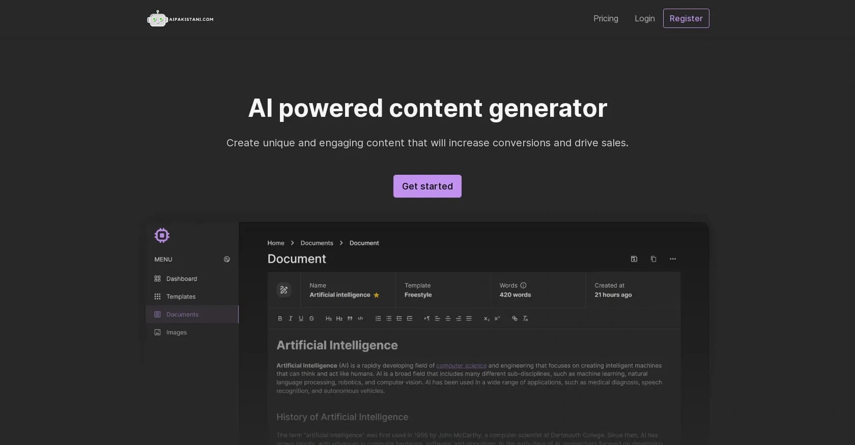 AiPakistani homepage screenshot — Create unique, engaging content that converts.