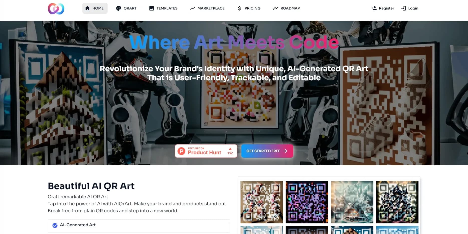 AIQrArt homepage screenshot — Revolutionize branding with AI-generated QR art.