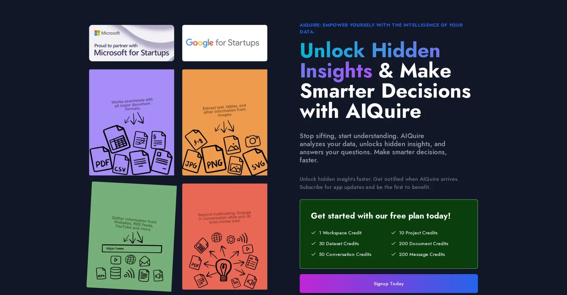 AIQuire homepage screenshot — Empower decisions with AI-driven data insights