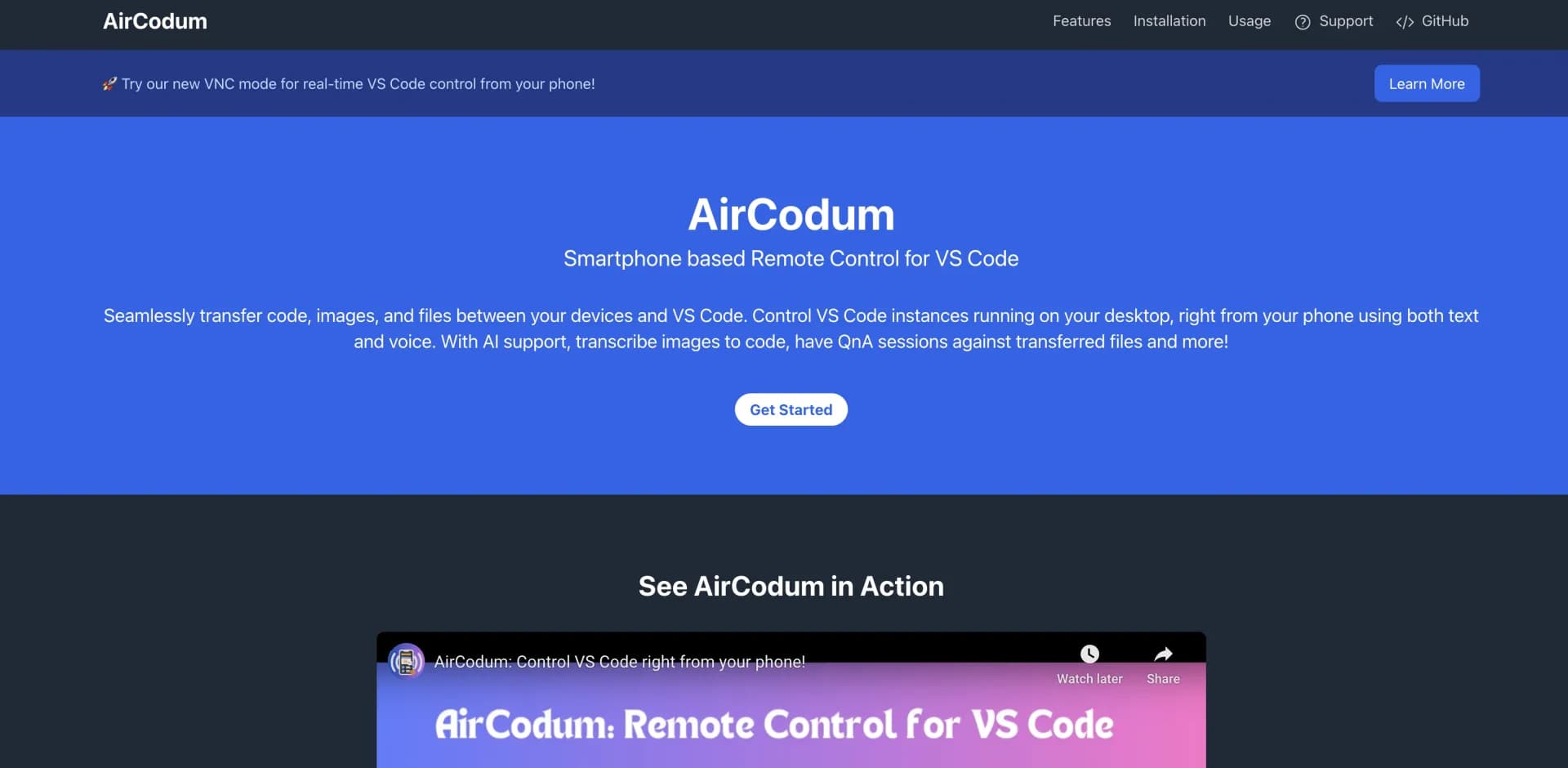 AirCodum homepage screenshot — Control VS Code and code, right from your phone, with AI!