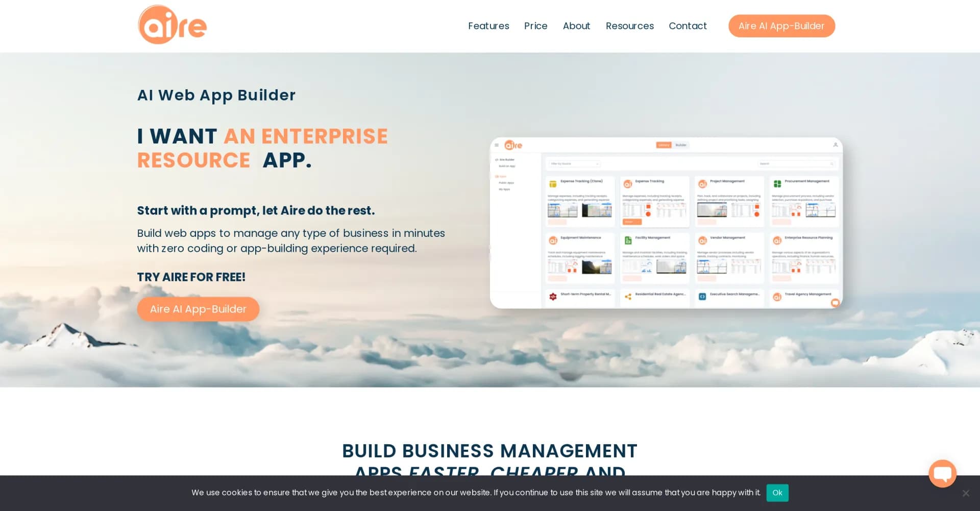 Aire homepage screenshot — Build AI web apps in minutes, zero coding required.