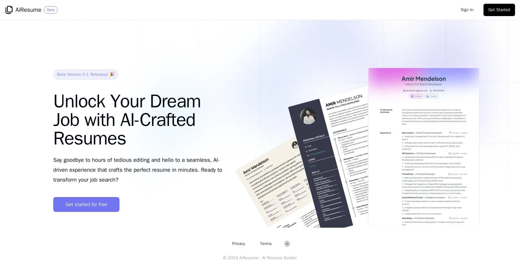 AiResume homepage screenshot — AI-crafted resumes to unlock your dream job.