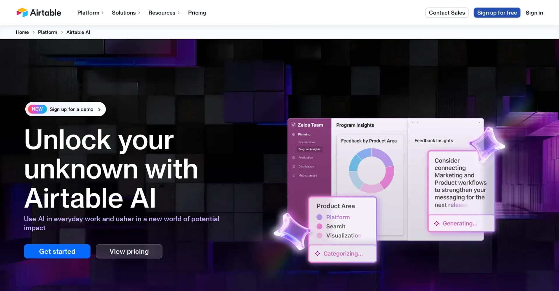 Airtable AI homepage screenshot — Transform operations with AI-powered apps and workflows.