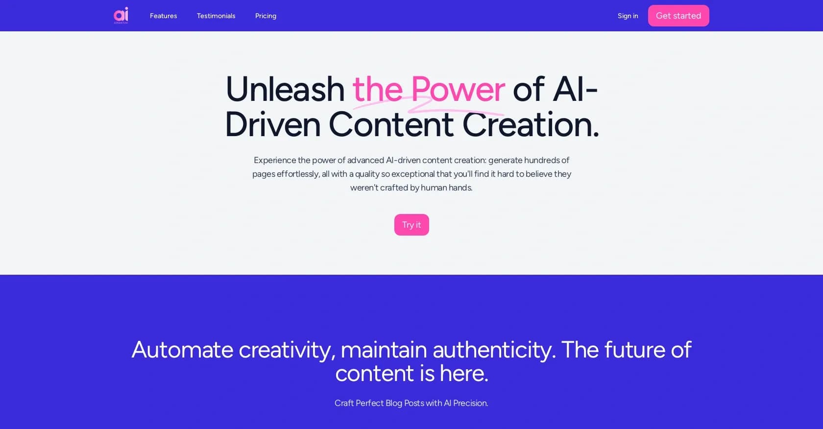 AIrticle-Flow homepage screenshot — Unleash AI-driven content creation that rivals human experti