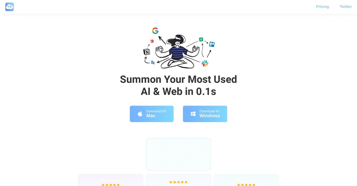 Airy homepage screenshot — Summon Your AI & Web Tools in 0.1s