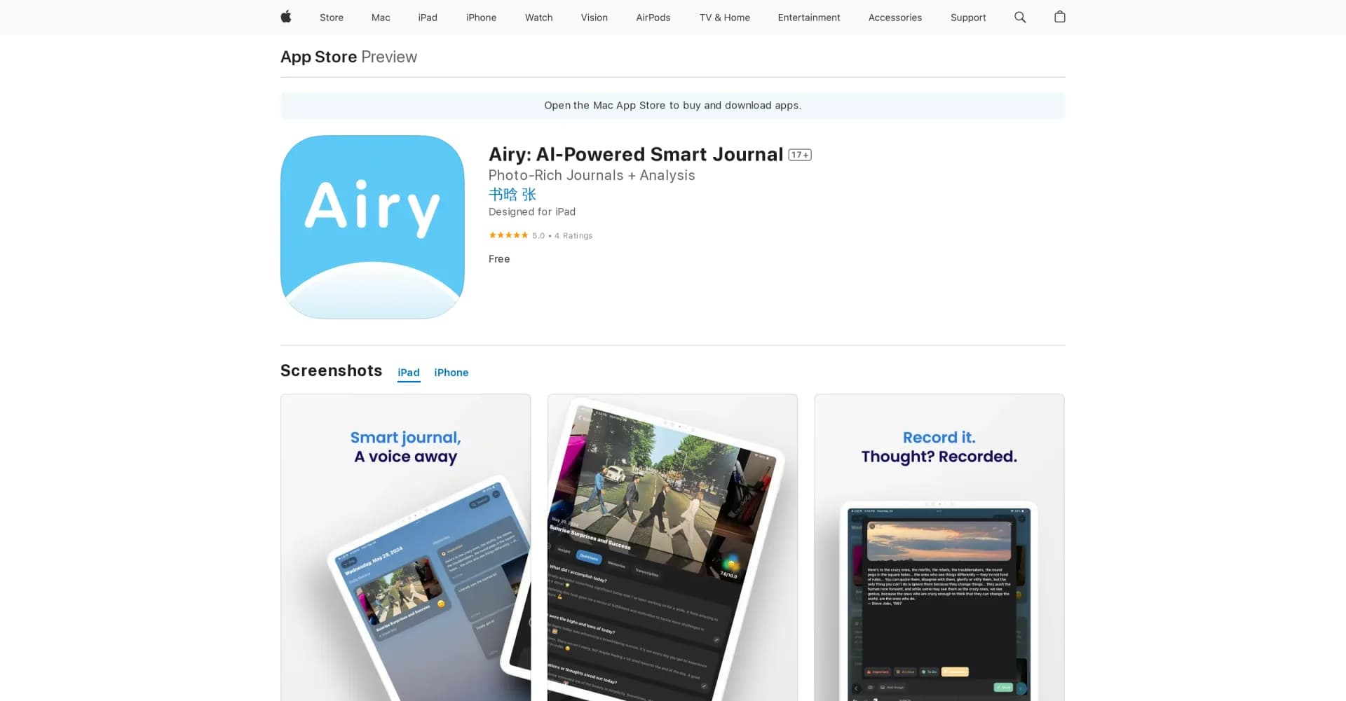 Airy homepage screenshot — Enjoy AI-powered journaling on your devices.