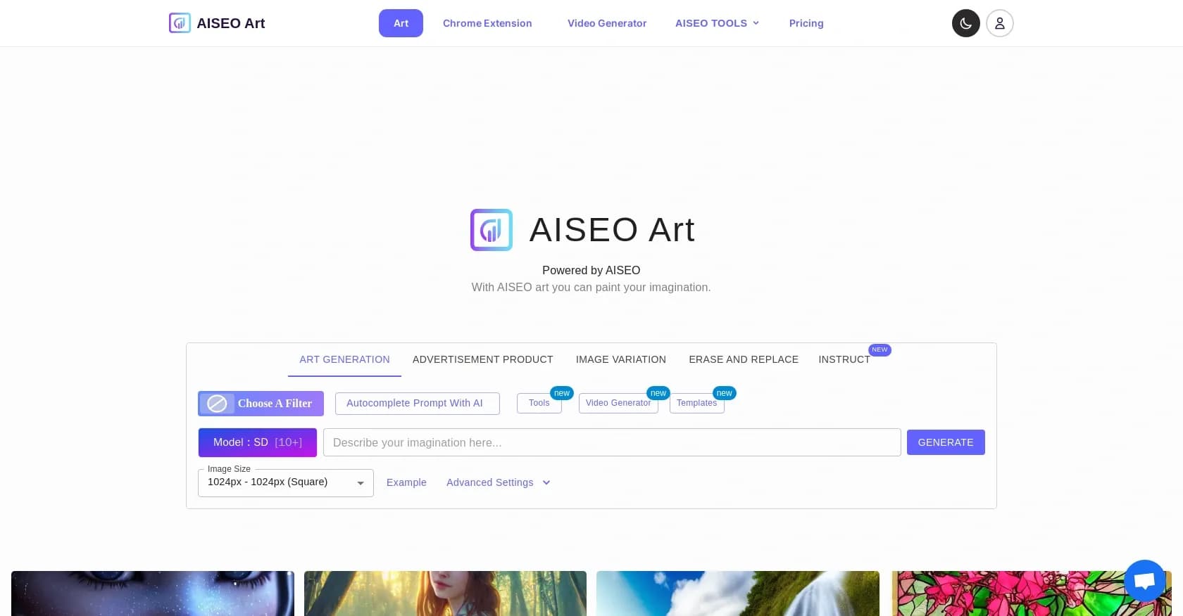 AISEO Art homepage screenshot — Paint your imagination with AI-generated art.