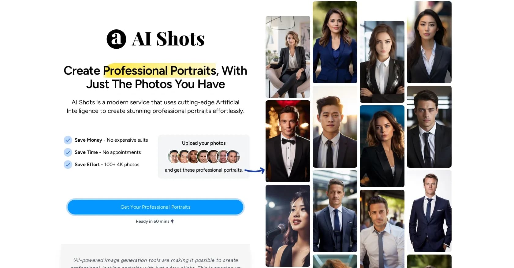 AIShots homepage screenshot — AI portraits from your selfies in minutes.