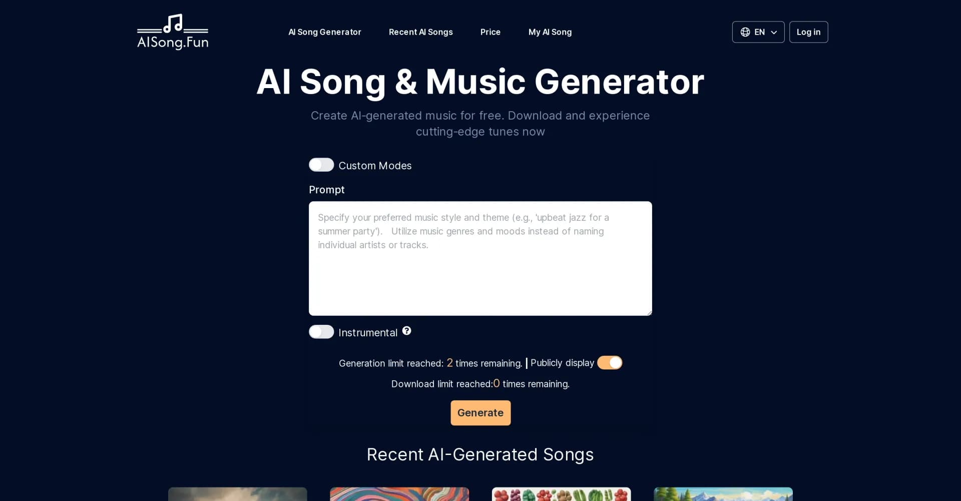 AISong.Fun homepage screenshot — Create AI-generated music for free