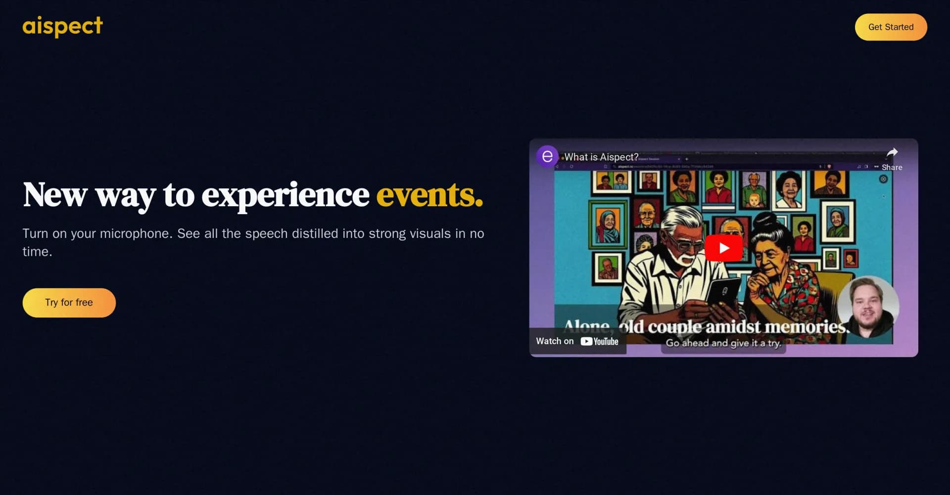 Aispect homepage screenshot — Transform live audio into captivating visuals instantly.