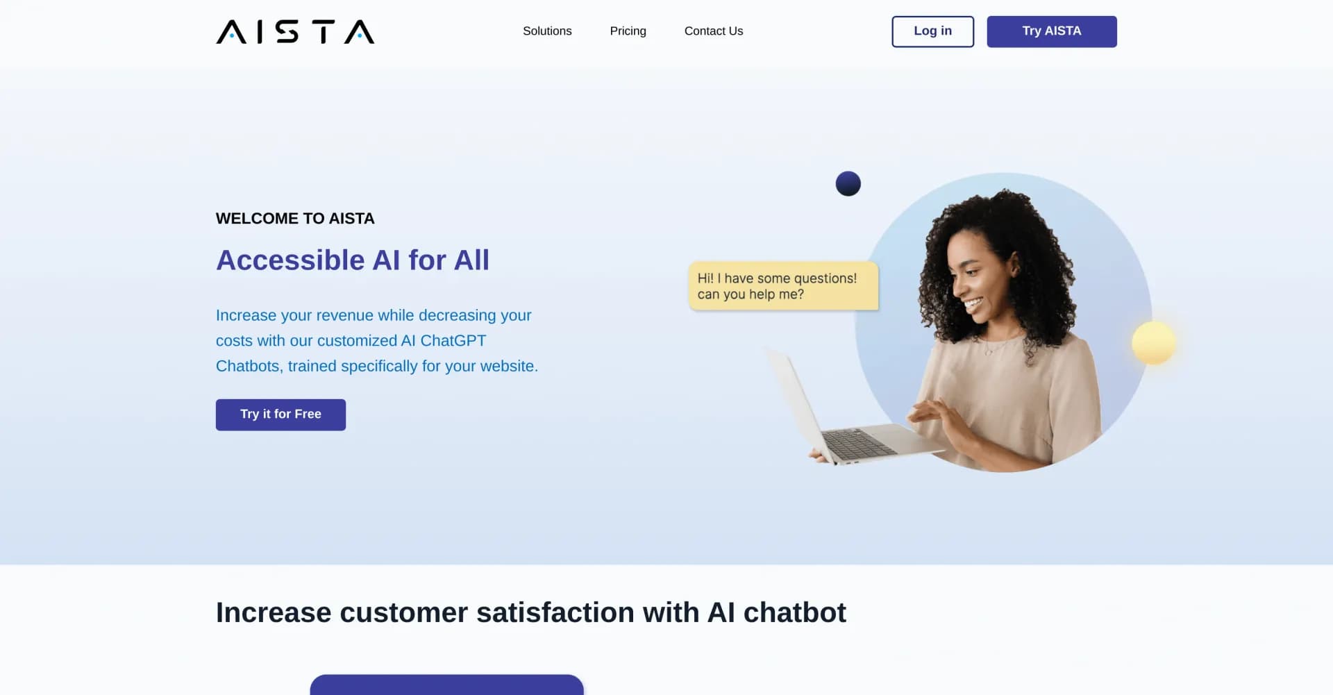 AISTA homepage screenshot — Boost sales with custom AI chatbots for your website