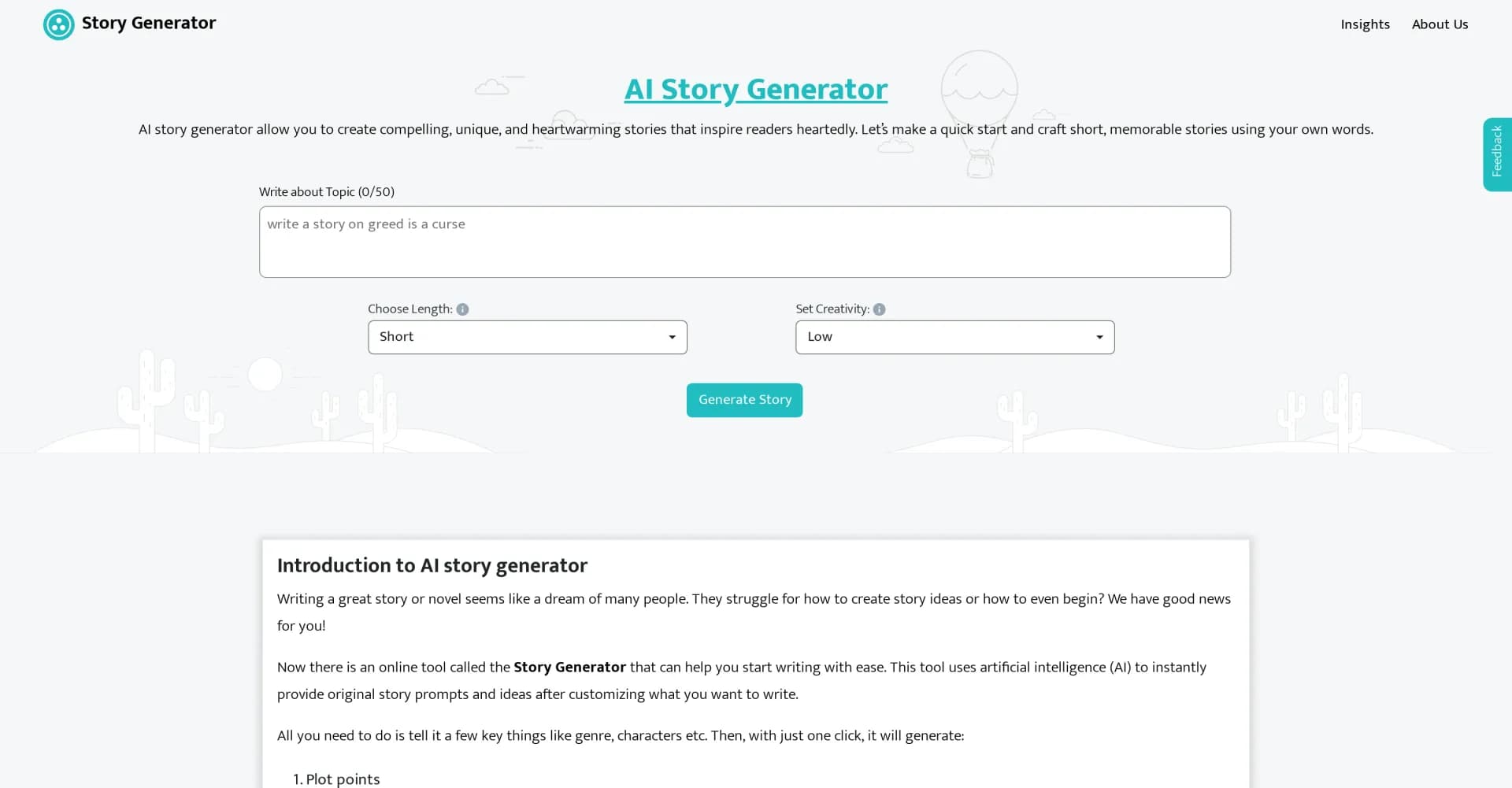 AIStoryGenerator.com homepage screenshot — Craft compelling stories with AI-powered inspiration.