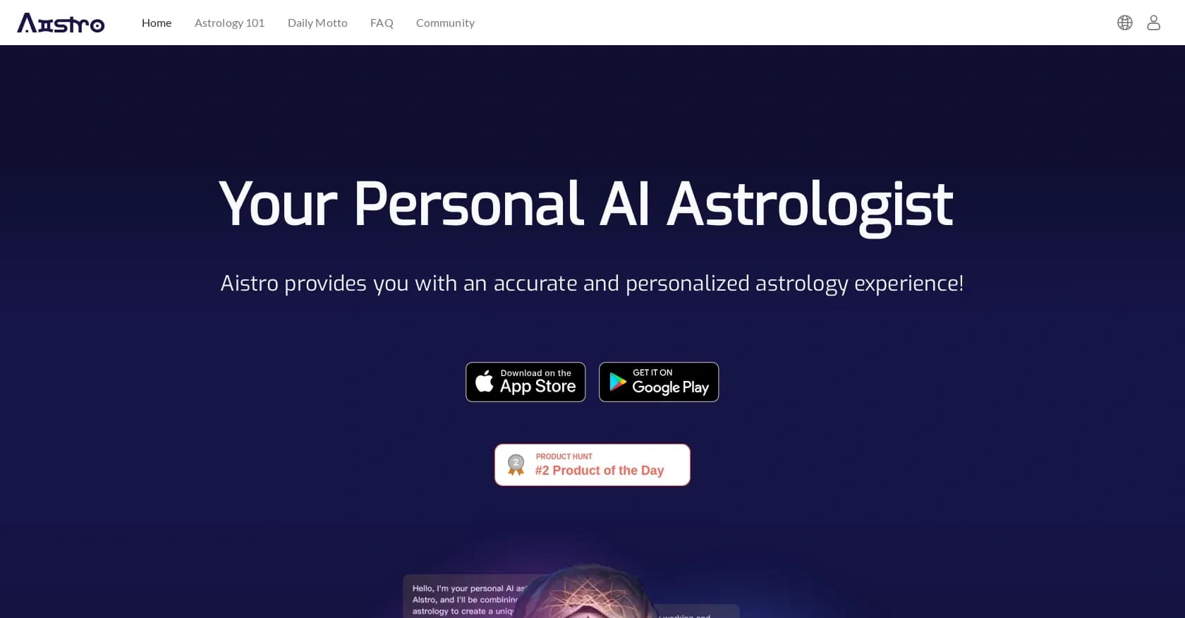 Aistro homepage screenshot — AI-powered personal astrology insights