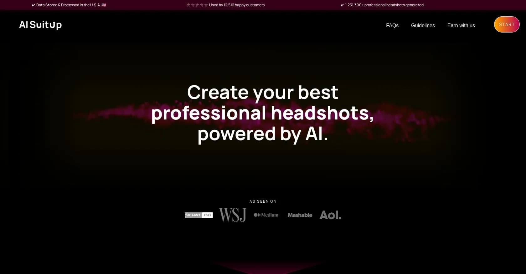 AISuitUP homepage screenshot — Generated professional headshots for online profiles.