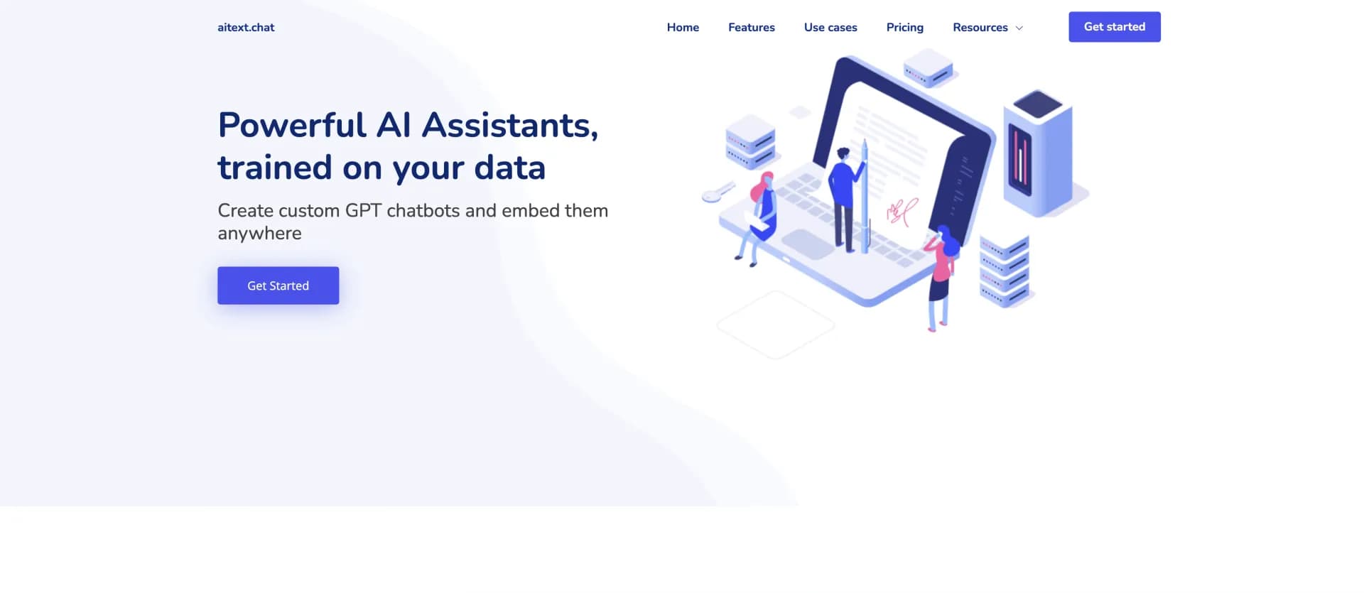 aitext.chat homepage screenshot — Create custom AI assistants trained on your data