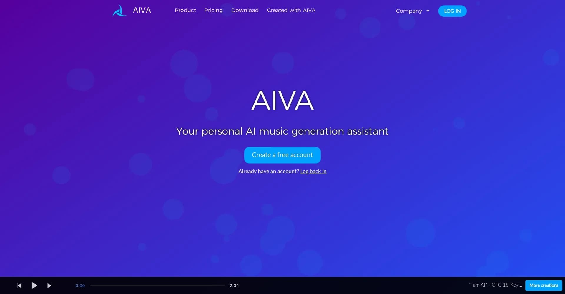 Aiva homepage screenshot — AI composer for emotional soundtrack music