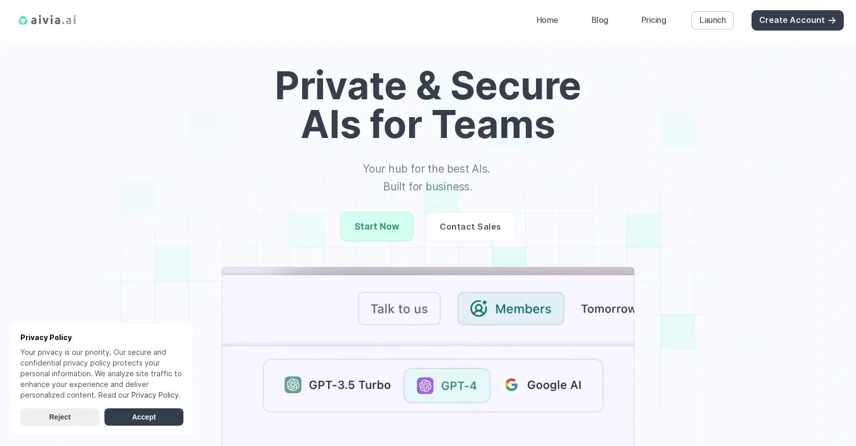 Aivia homepage screenshot — Maximize AI productivity for teams