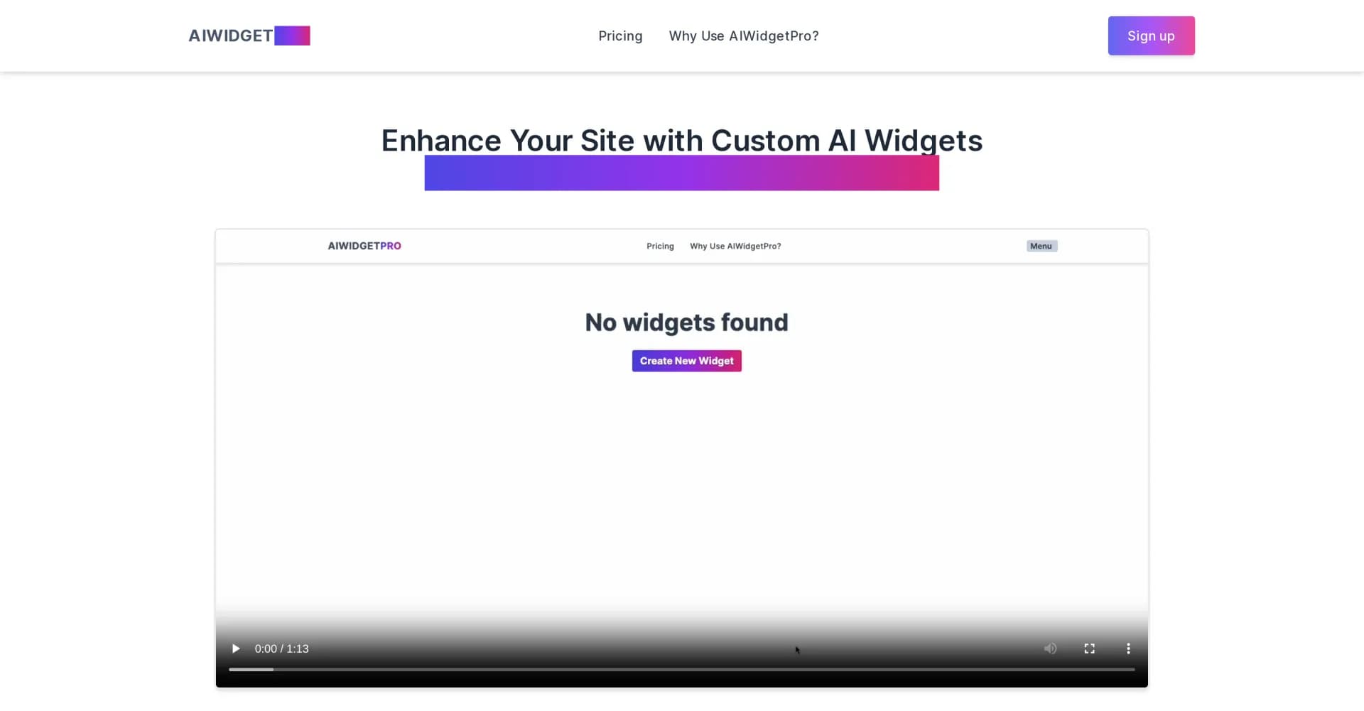 AIWidgetPro homepage screenshot — Boost site engagement with custom AI widgets