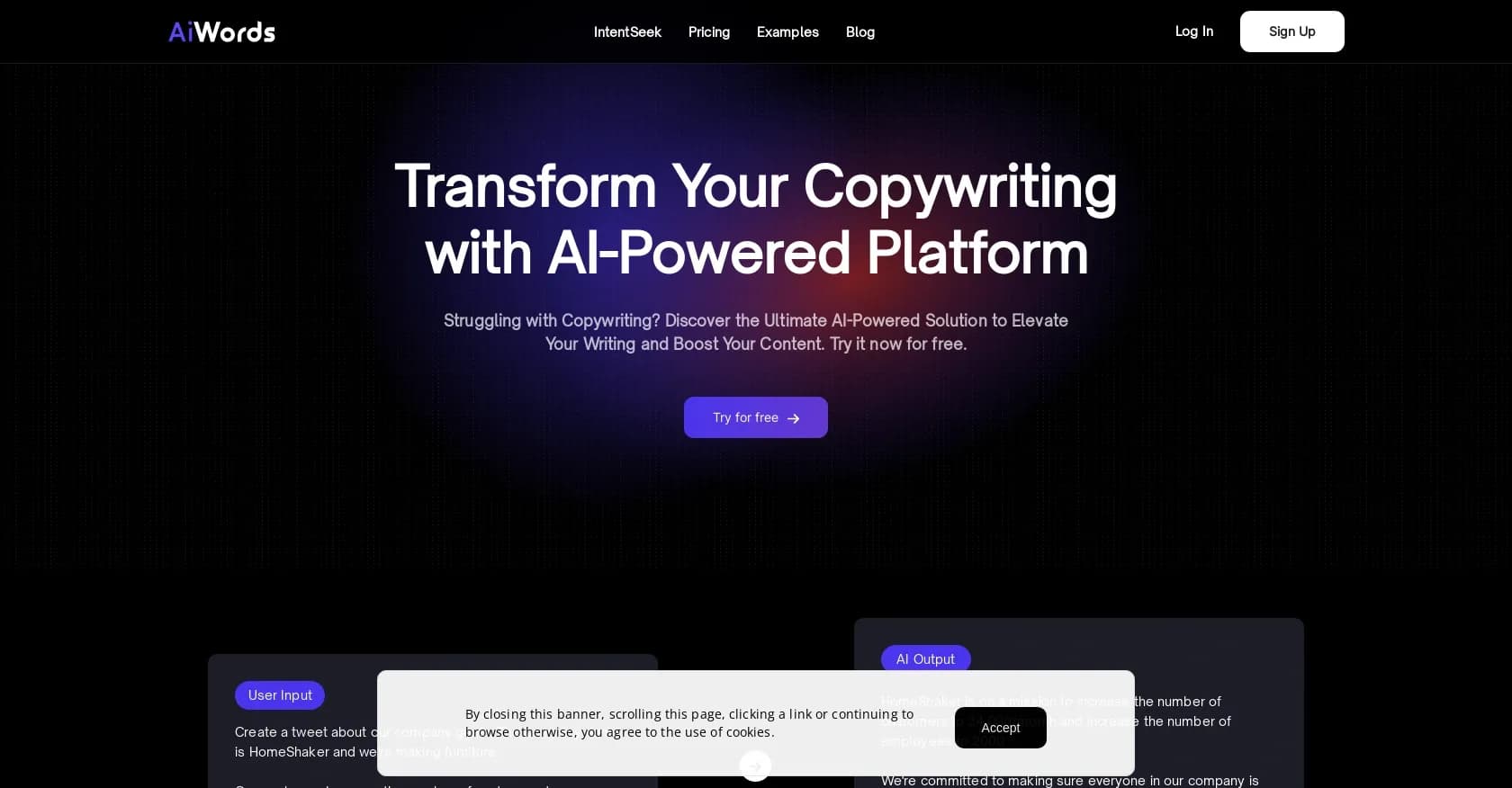 AiWords homepage screenshot — AI-powered copywriting to elevate your content