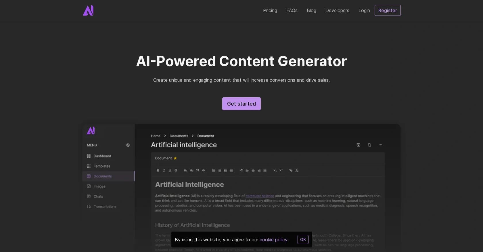 AIWrita homepage screenshot — AI-powered content creation to boost conversions and sales.