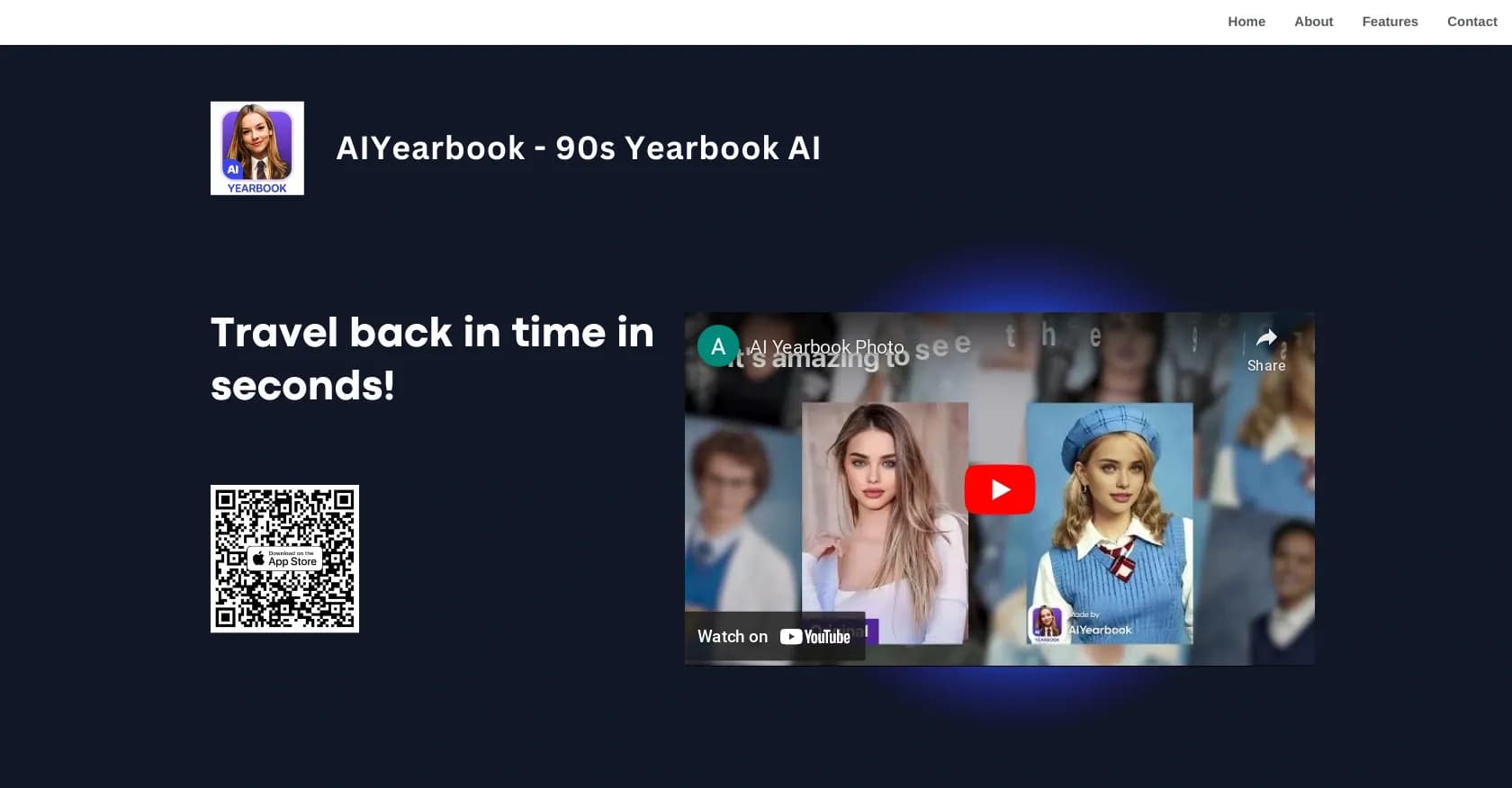 AIYearbook homepage screenshot — Time-travel to '90s high school in seconds.
