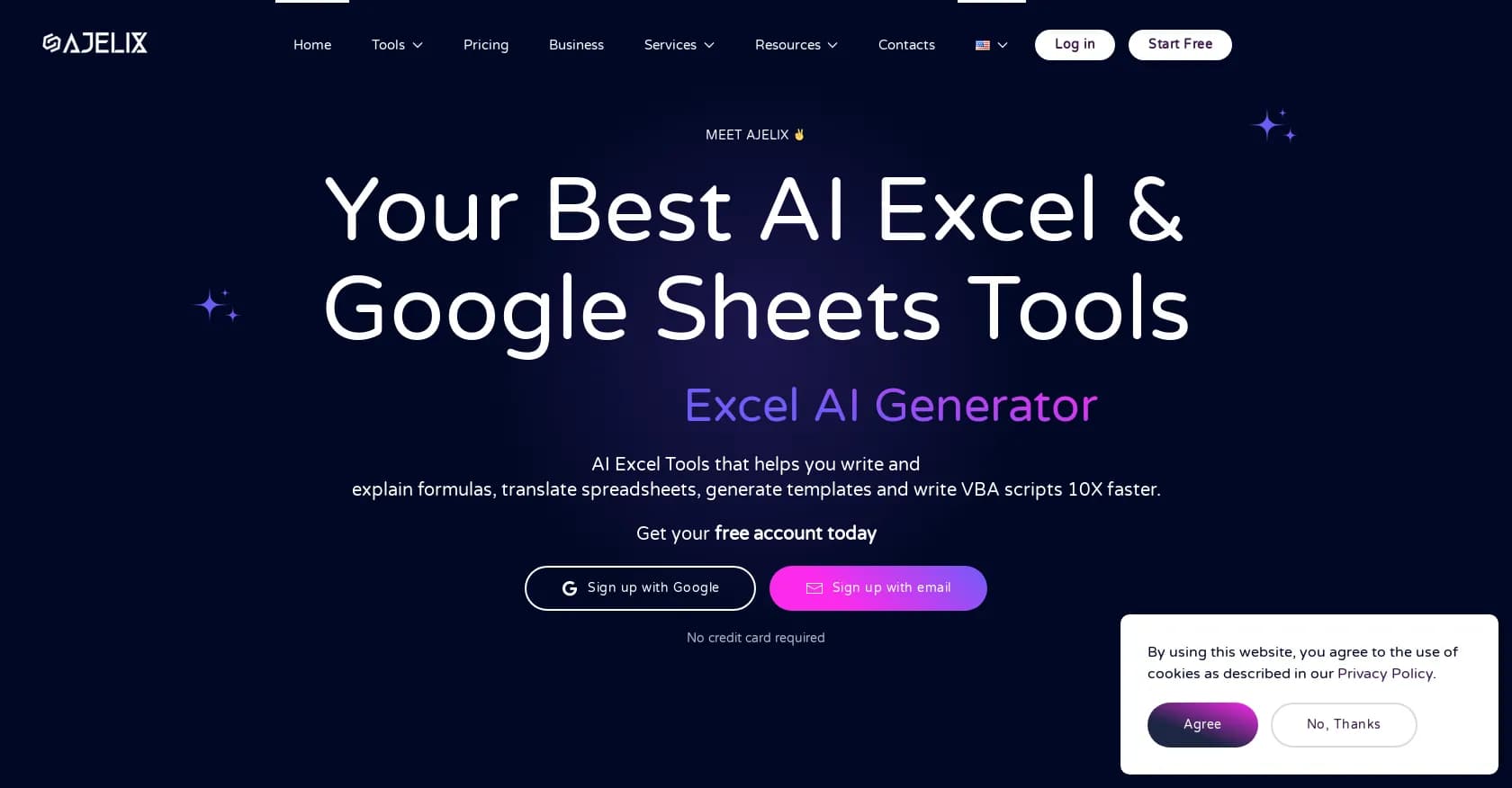 Ajelix homepage screenshot — AI-powered Excel & Sheets tools for boosted productivity.