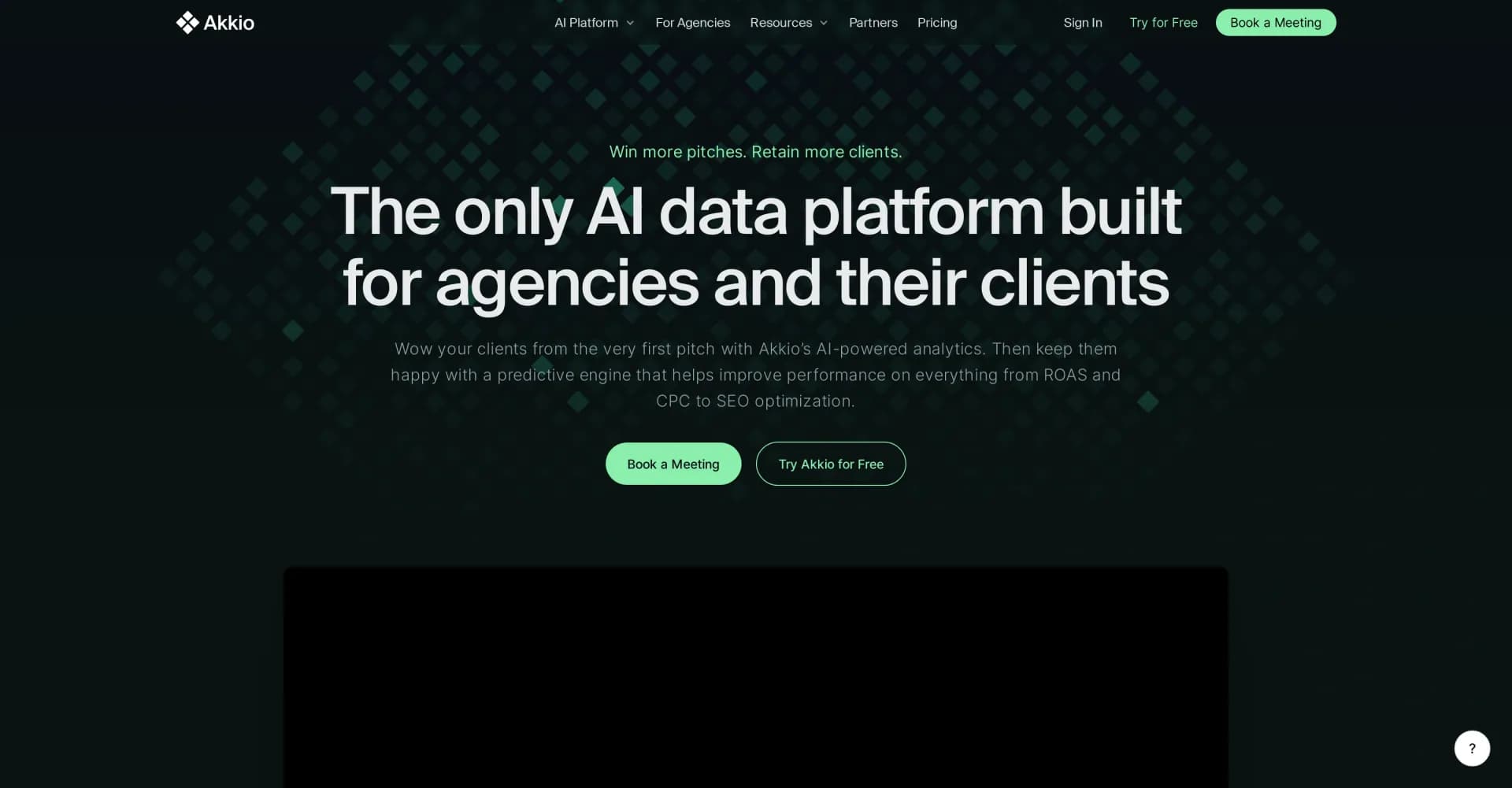 Akkio homepage screenshot — AI platform for real-time decision making.