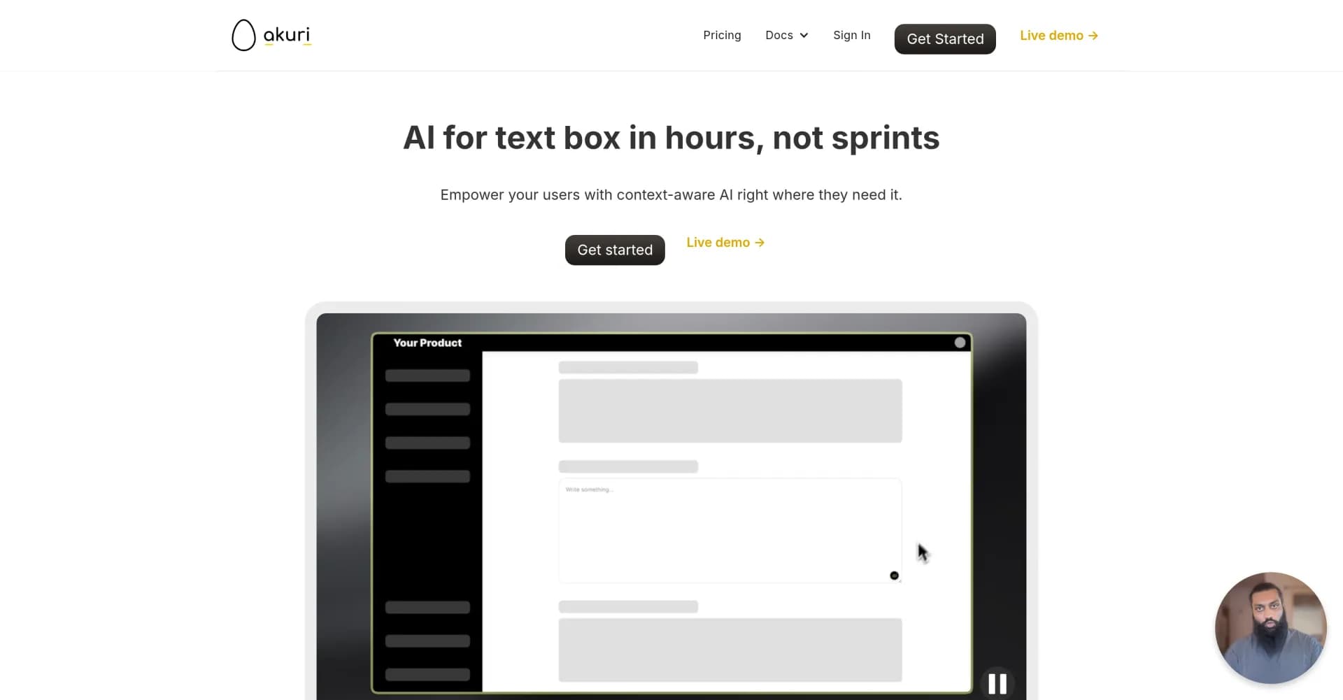 Akuri homepage screenshot — Context-aware AI for any text box in hours