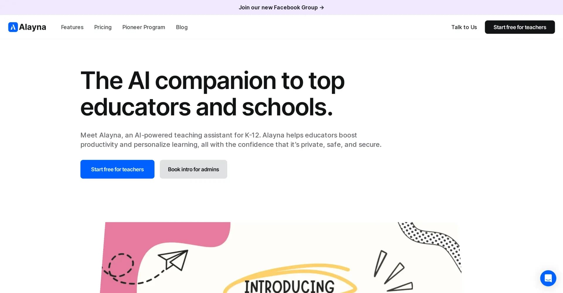Alayna AI homepage screenshot — AI teaching assistant for K-12 educators