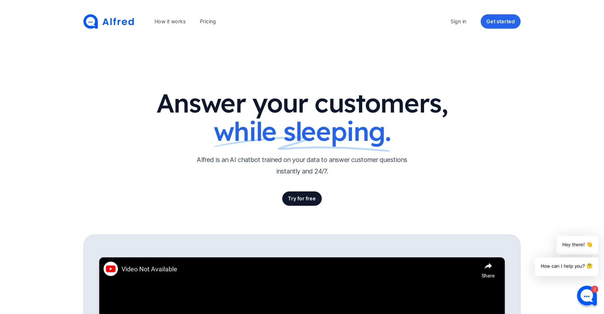 Alfred Chat homepage screenshot — AI chatbot that answers customer questions 24/7