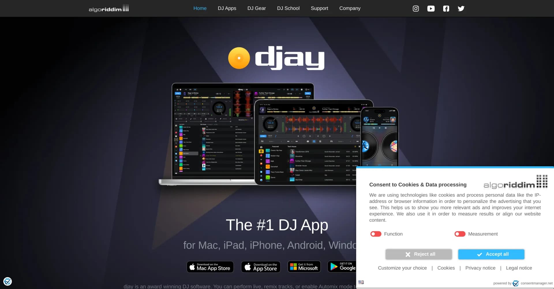 Algoriddim DJ homepage screenshot — The #1 DJ app for multiple platforms