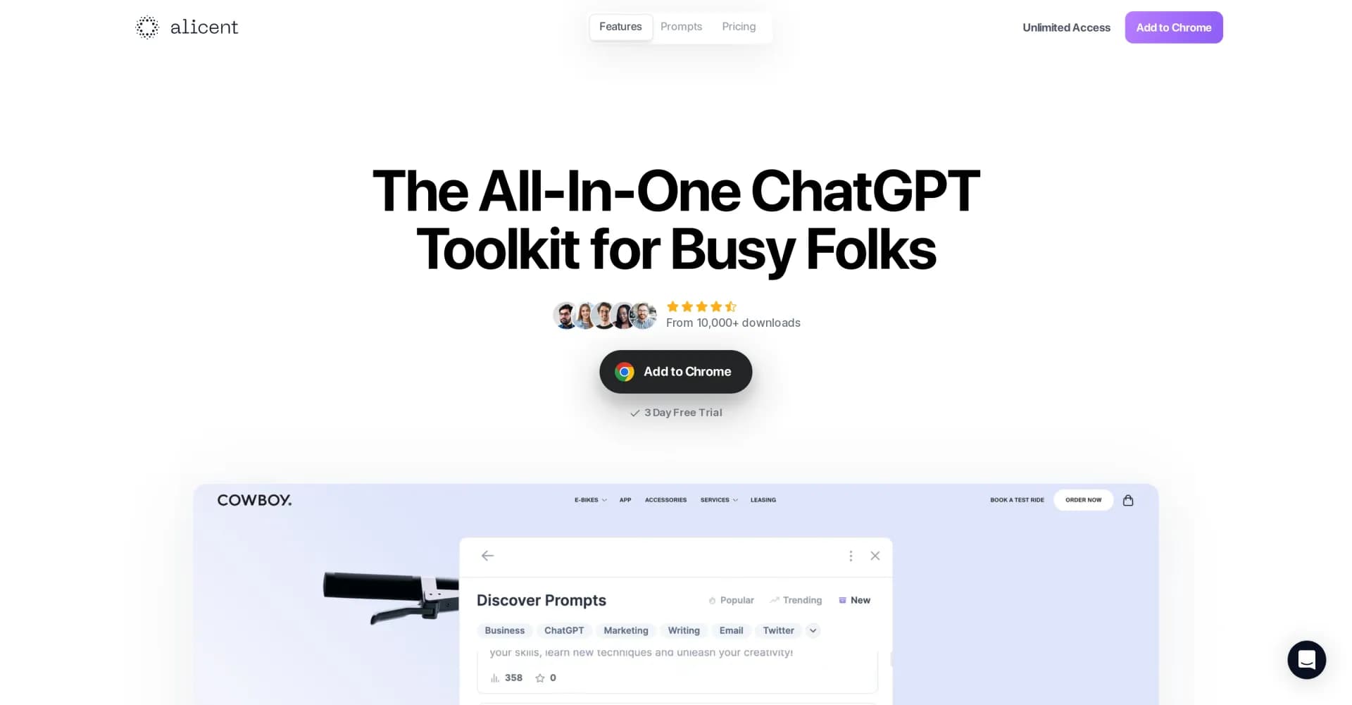 Alicent homepage screenshot — Create compelling copy fast with ChatGPT