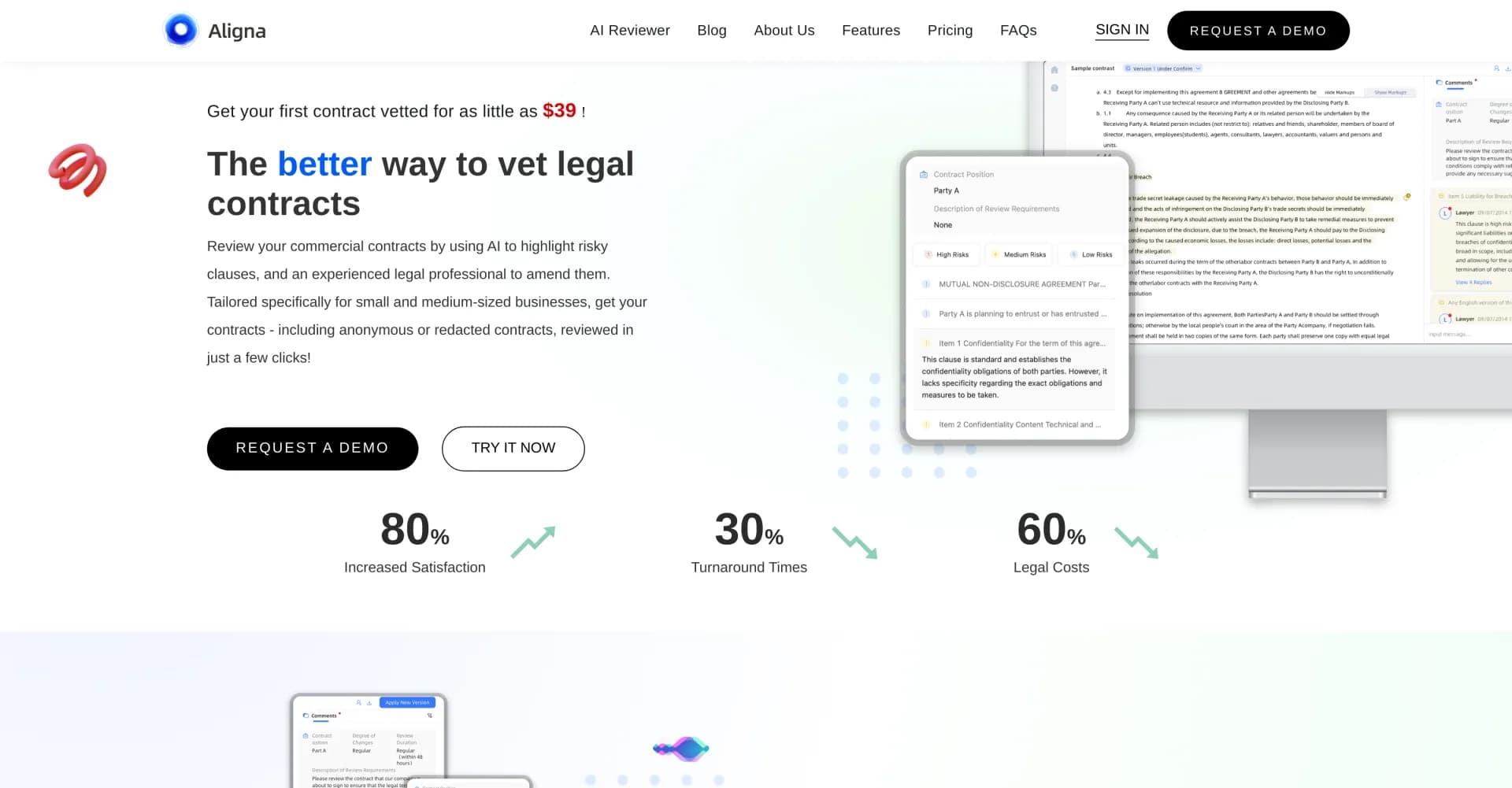 Aligna homepage screenshot — AI-powered contract vetting for SMBs