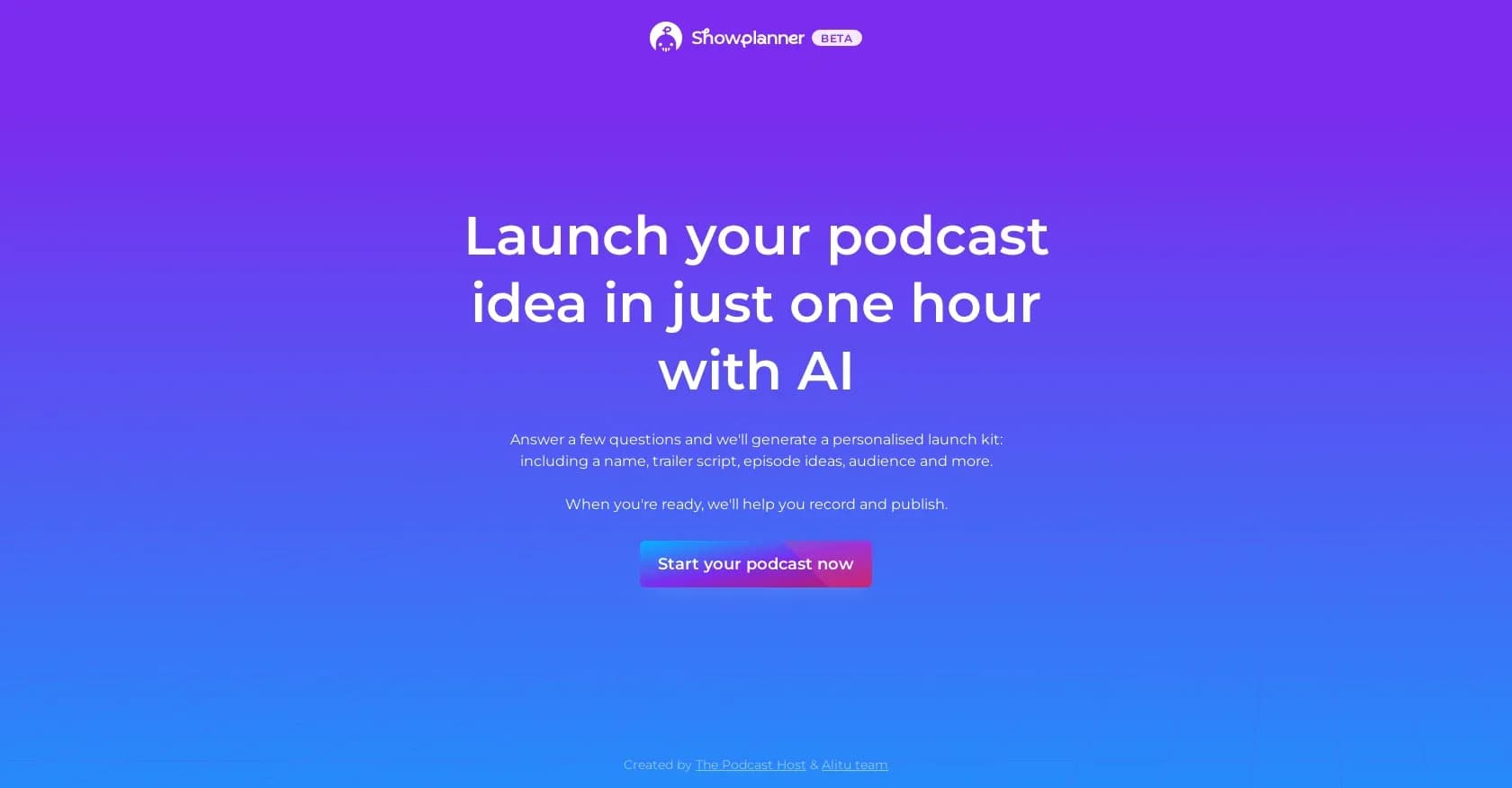 Alitu Showplanner homepage screenshot — Launch your podcast with AI-powered planning