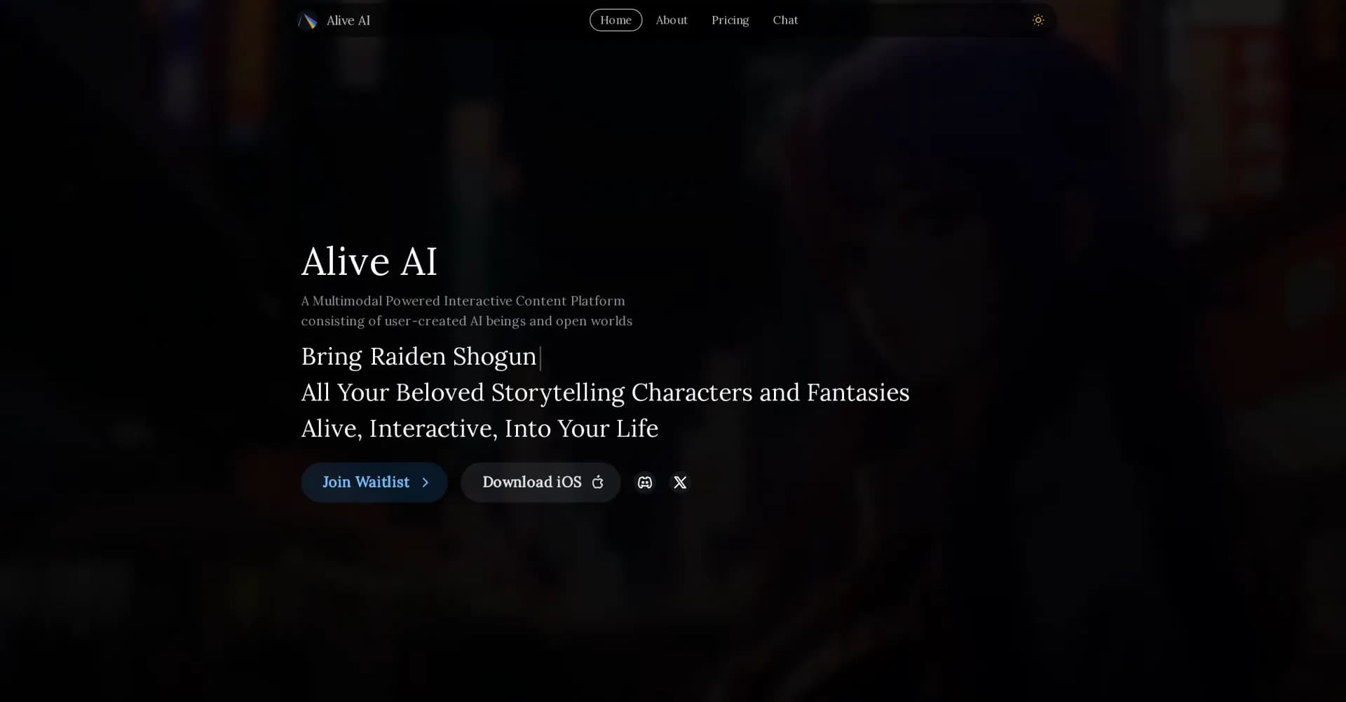 Alive AI homepage screenshot — Bring AI characters to life in interactive worlds.