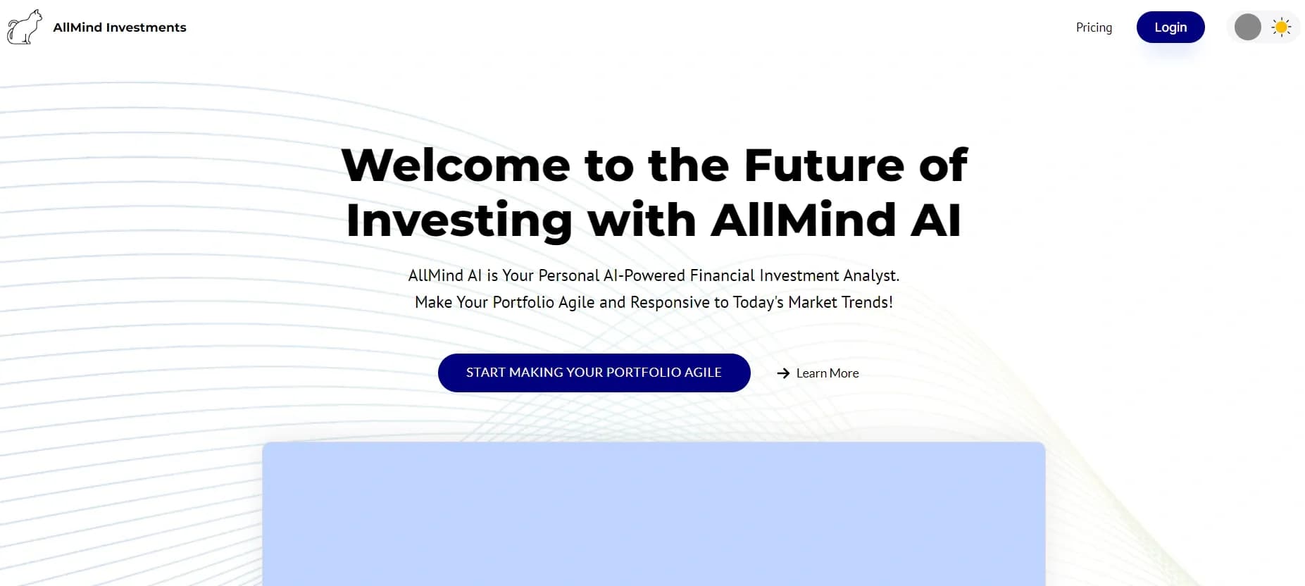 AllMind AI homepage screenshot — AI-powered investment research for smarter decisions.