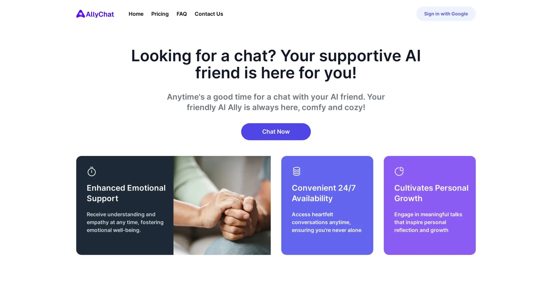 AllyChat homepage screenshot — Your AI companion for mental health support.