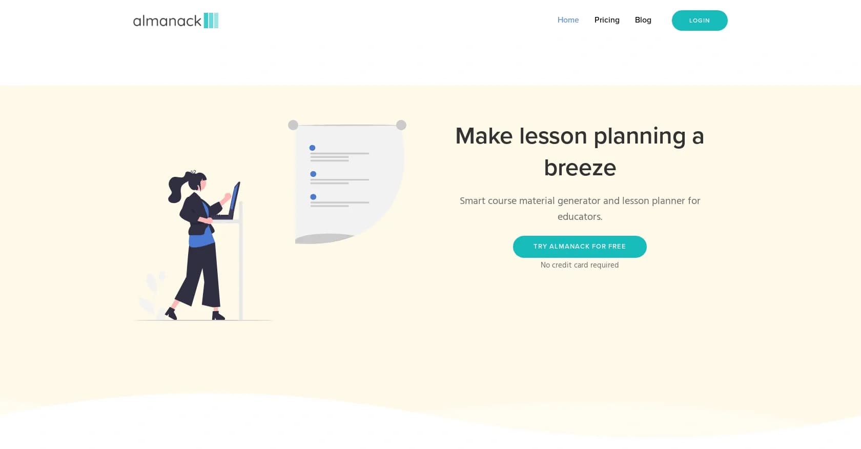 Almanack homepage screenshot — AI-powered lesson planning and resource creation for teacher