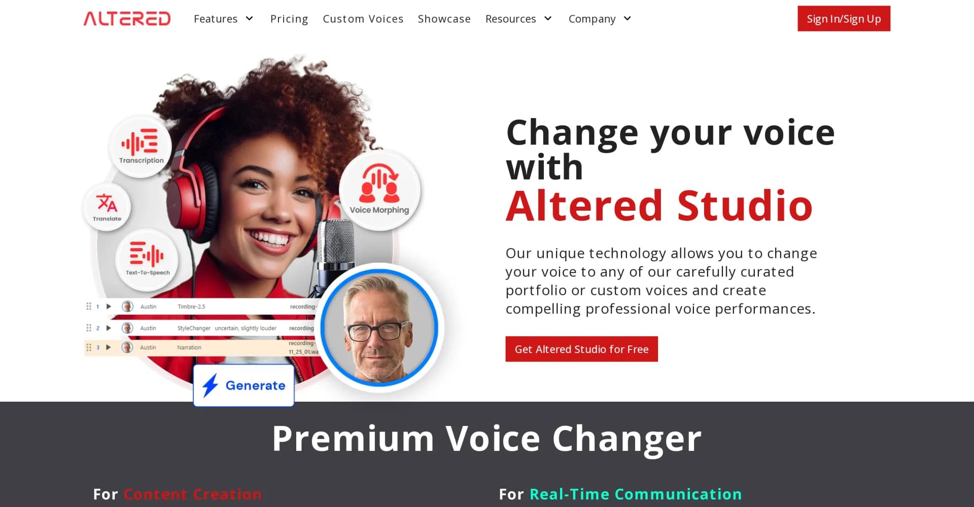 Altered homepage screenshot — Transform your voice with AI for professional performances.
